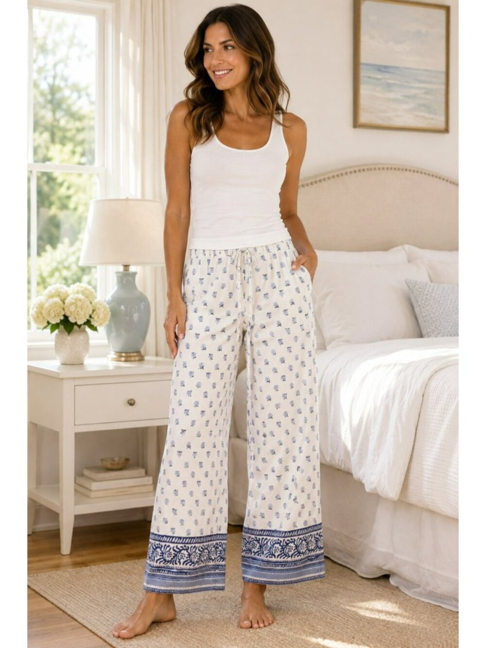 NEW Polo Ralph Lauren Cloud Wide Leg Floral 100% Cotton Pants Womens Medium Whit